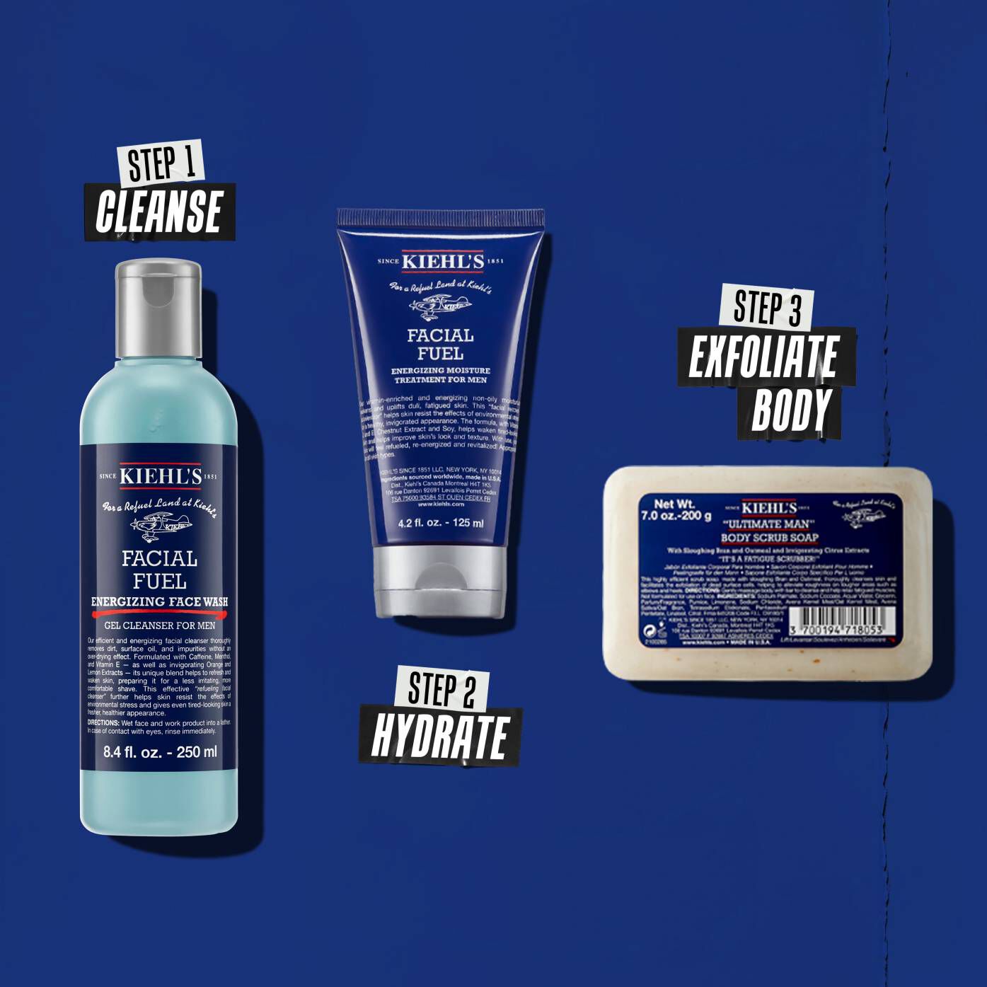Three Kiehl's products representing a routine. From left to right: Facial Fuel Cleanser, Facial Fuel Moisturizer, and Ultimate Man Body Scrub Soap.