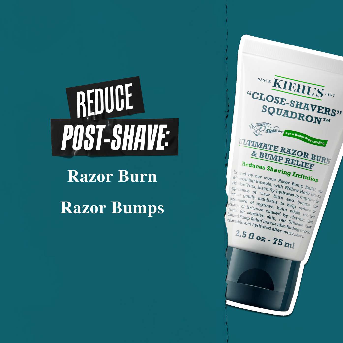 Tube of Close Shavers Squadron Smooth Glider Precision Shave Lotion on a teal background. Text reads: "Reduce Post-Shave Redness, Razor Burn, Razor Bumps."