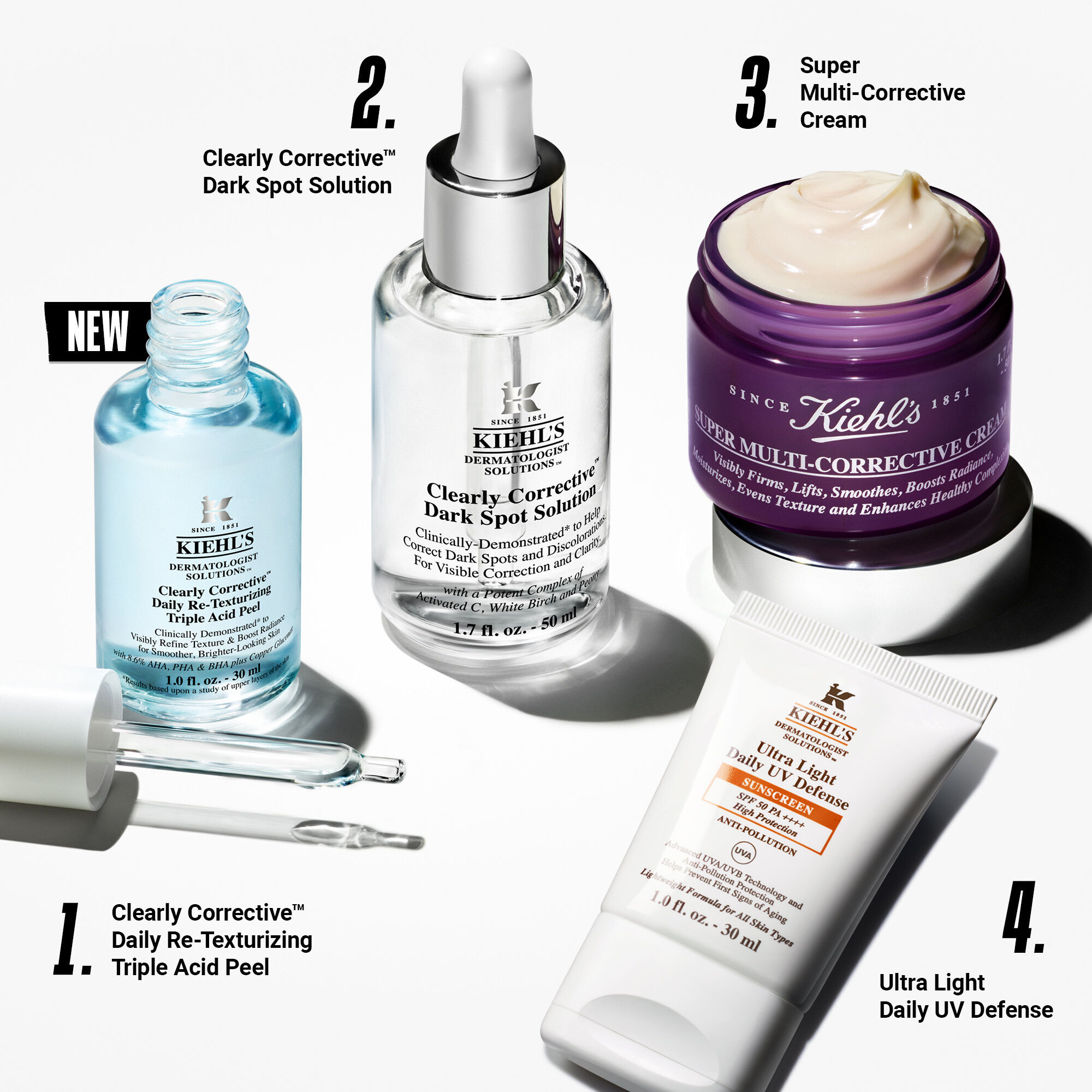 Two Kiehl's Products on a white surface with a blue background: Clearly Corrective Triple Acid Peel and Retinol Skin-Renewing Daily Micro-Dose Serum.