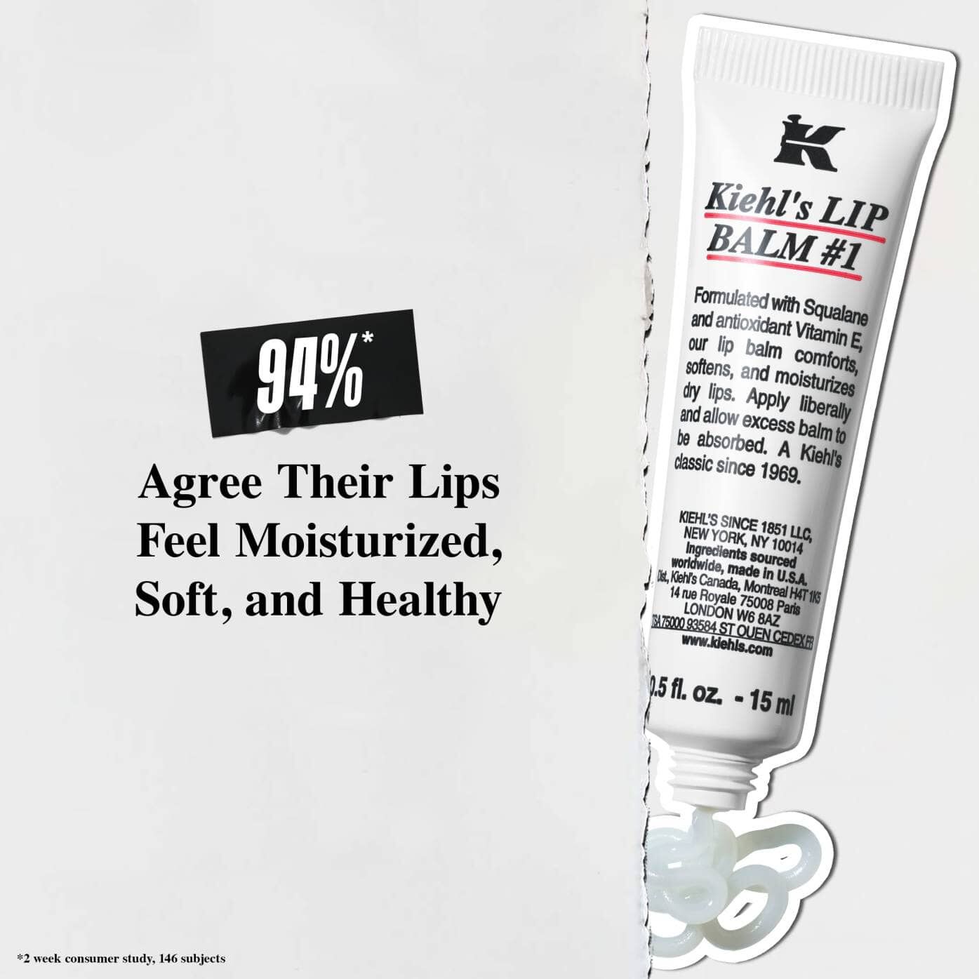 A tube of Lip Balm #1 against a white background with text reading "94% agree their lips feel moisturized, soft, and healthy."