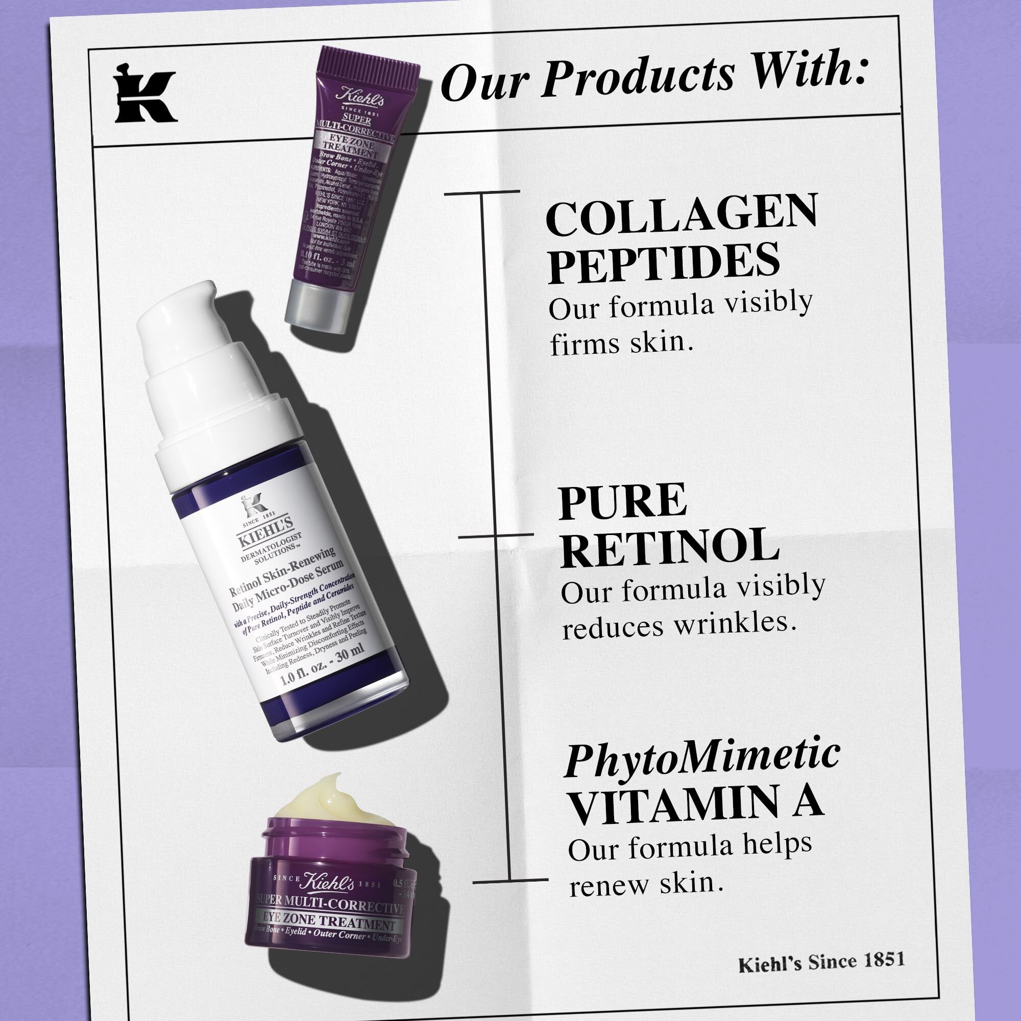Kiehl's anti-aging products, including eye cream, retinol serum, and multi-corrective cream, highlighting key ingredients like Collagen Peptides, Pure Retinol, and PhytoMimetic Vitamin A.