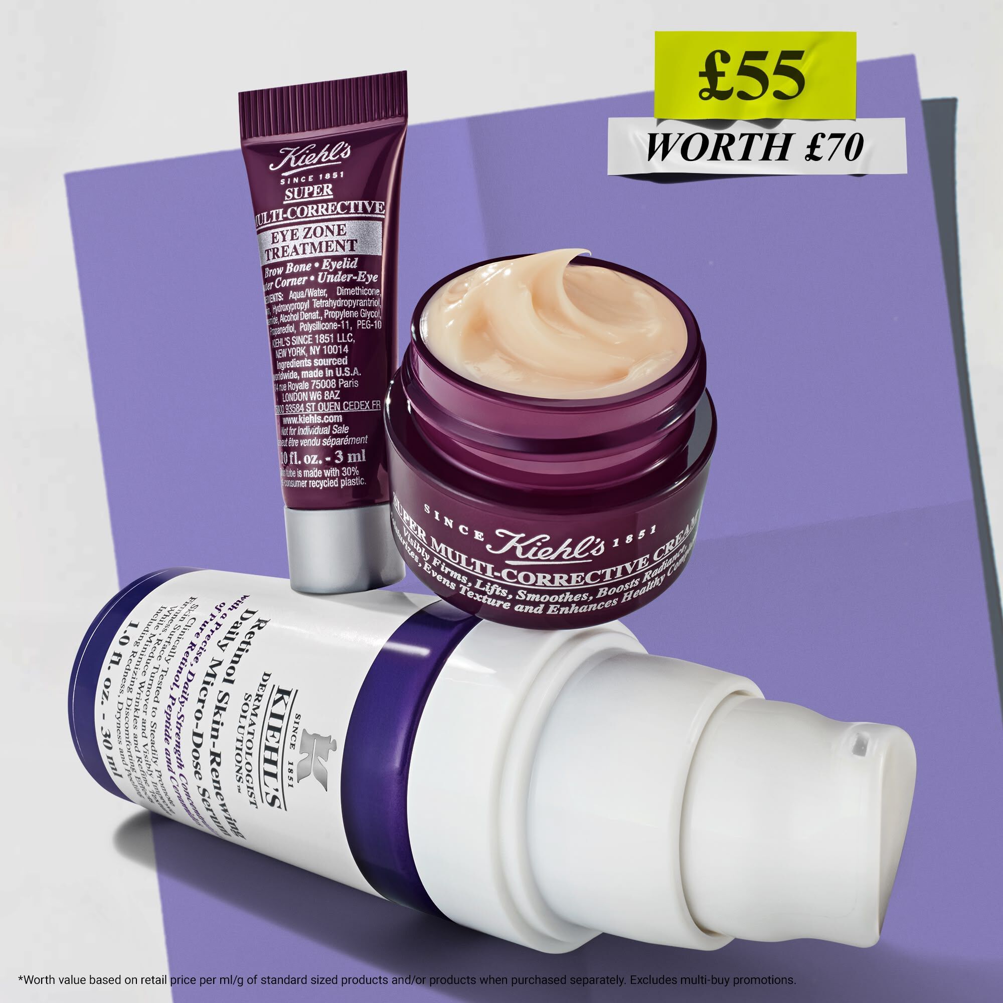 Kiehl's anti-aging set with retinol serum, eye cream, and multi-corrective cream, advertised with promotional pricing and value.