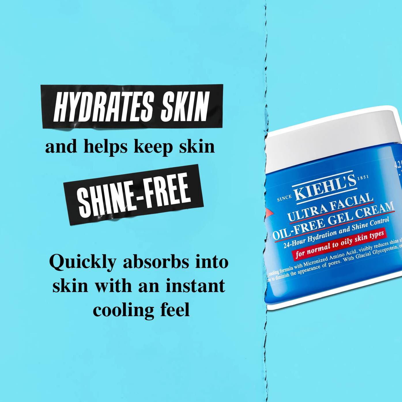 A jar of Ultra Facial Oil-Free Gel Cream against a blue background with text reading "Hydrates skin and helps keep skin shine-free for 24 hours."