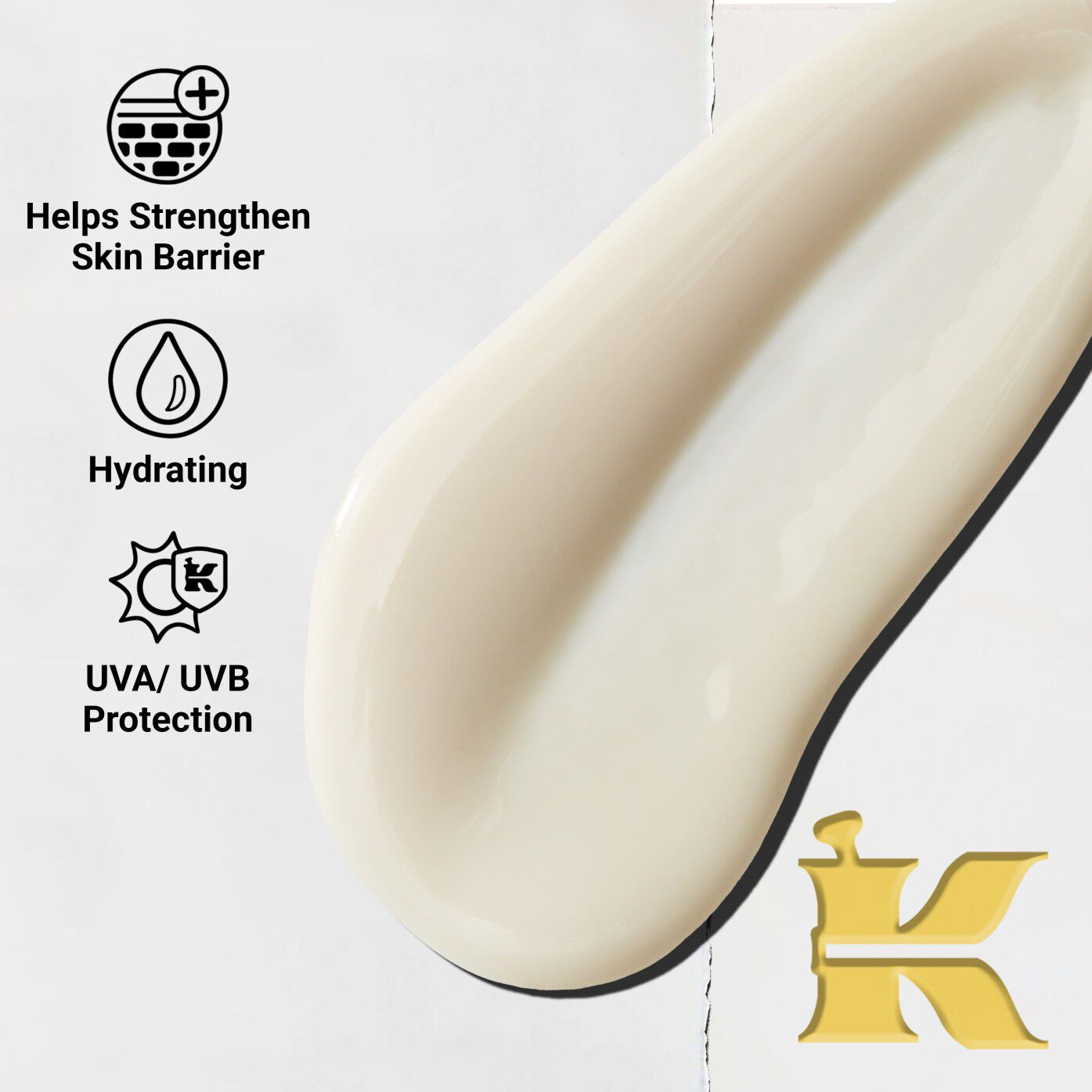 A close-up of Ultra-Light Daily UV Defense texture. Text highlights its lightweight, hydrating, and broad-spectrum UV protection.