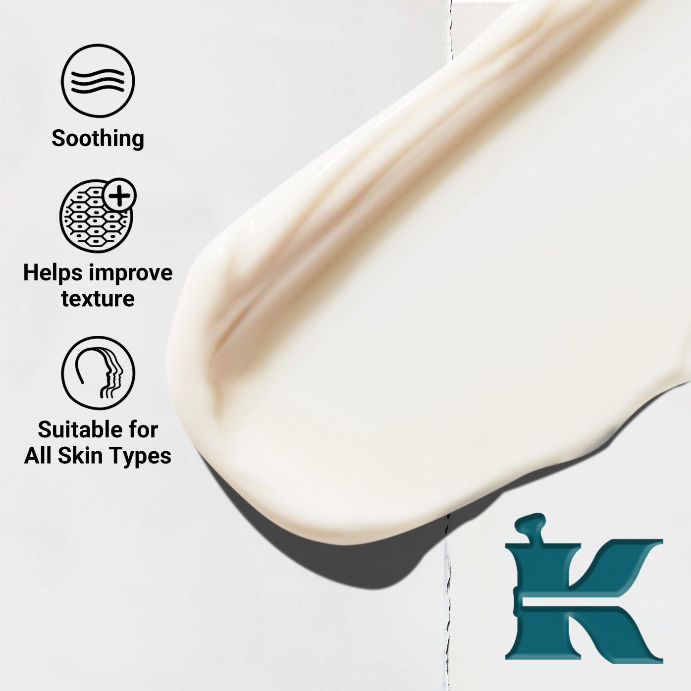 Close-up of Kiehl's Close Shavers Squadron Smooth Glider Precision Shave Lotion texture swipe. Text highlights its smoothing and texture-improving qualities, suitable for all skin types.