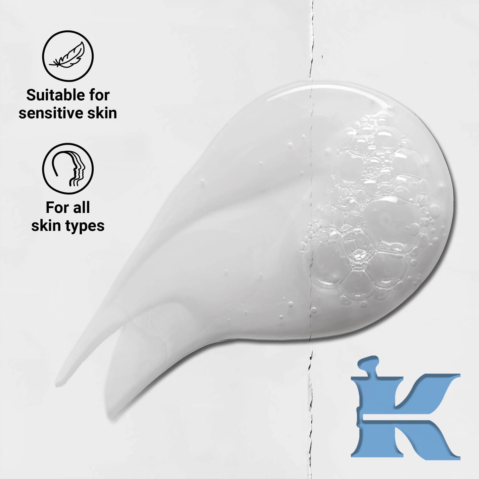 Kiehl's Ultra Facial Cleanser texture photo with icons: for all skin types & sensitive skin