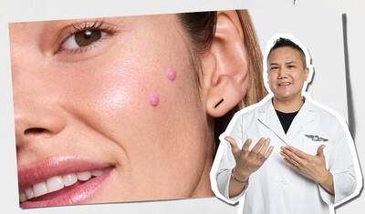 Close-up of model’s cheek with pink serum dots showing application placement, alongside an expert figure in a white coat gesturing toward the skincare tutorial.​