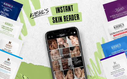 A smartphone displaying a webpage titled "Kiehl's Instant Skin Reader," featuring a grid of diverse faces. On the right, there is a QR code with the text "Scan to get started!"