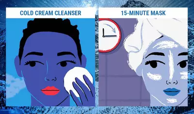 Illustration comparing two skincare products: on the left, a person using a cold cream cleanser, and on the right, a person applying a 15-minute mask, with a clock visible.