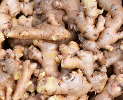 A close-up view of multiple pieces of ginger root, showcasing their brown, knobby texture and irregular shapes.