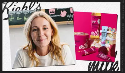 Lifestyle collage featuring a model beside Kiehl’s limited-edition pink skincare set, including body butter, cleanser, hand cream, lip balm, and cake-inspired promotional styling.​