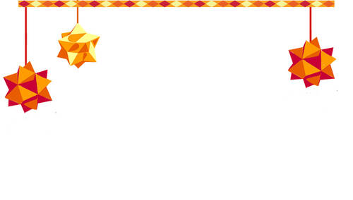 Colorful festive decorations featuring star-shaped ornaments hanging from a patterned banner.