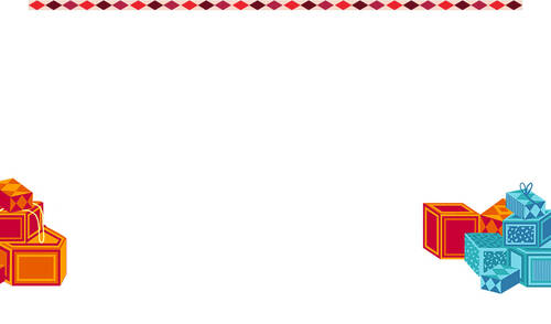 Colorful gift boxes in red and turquoise are arranged on opposite sides of the image, with a decorative border of small red diamonds along the top.