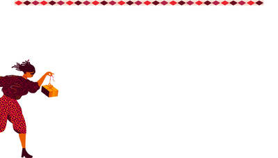 A whimsical illustration of a person joyfully running with a bag, set against a white background with a decorative border of red hearts at the top.