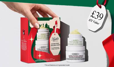 Hydrating Holiday Hits" skincare gift set on a green background, featuring Ultra Facial Cream and Creamy Eye Treatment with Avocado in festive packaging.​