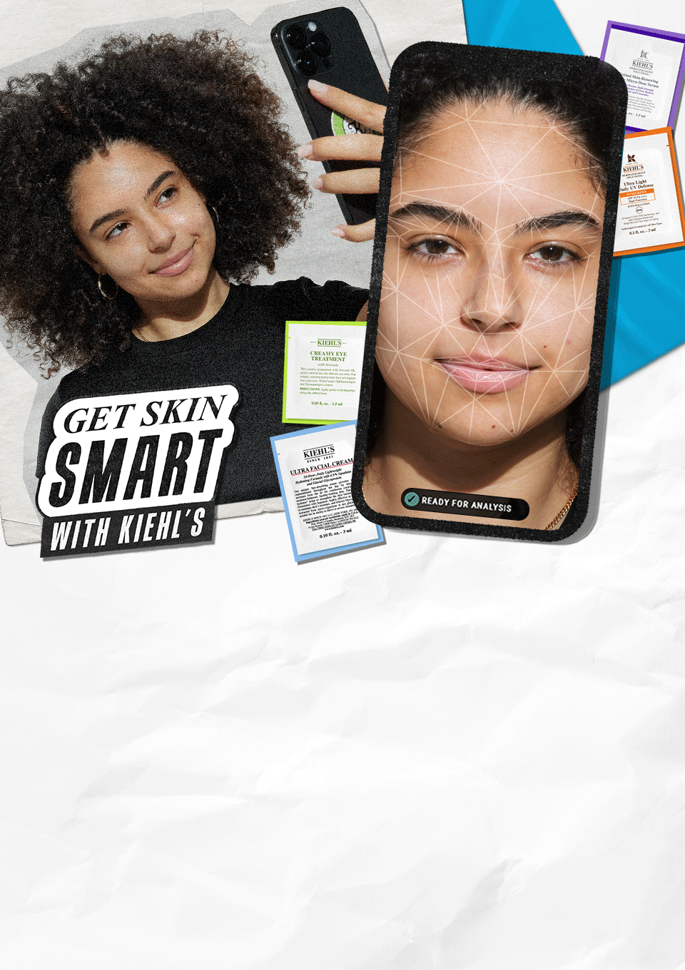 A split image featuring a woman with curly hair on the left, smiling and holding a smartphone, and a close-up of a woman's face on the right, overlaid with geometric lines, surrounded by colorful skincare product sheets. The text "Get Skin Smart with Kiehl's" is prominent at the bottom left.