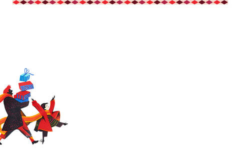 A colorful illustration of a person in a red and black outfit carrying various items, with a festive border above them.