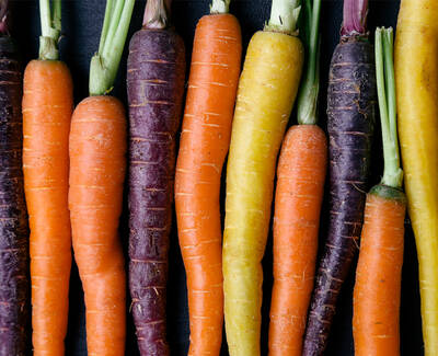 A vibrant arrangement of various carrots in shades of orange, purple, and yellow, with green tops, displayed side by side against a dark background.