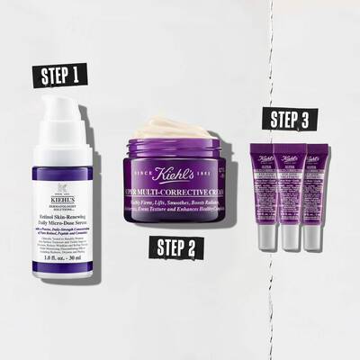 A group of Kiehl's skincare products included in bundle KIEB00009: SMC AA Cream 50ml, 3 x SMCC EYE ZONE TREATMENT 3ML DLX, Retinol skin renewing serum 30ml.