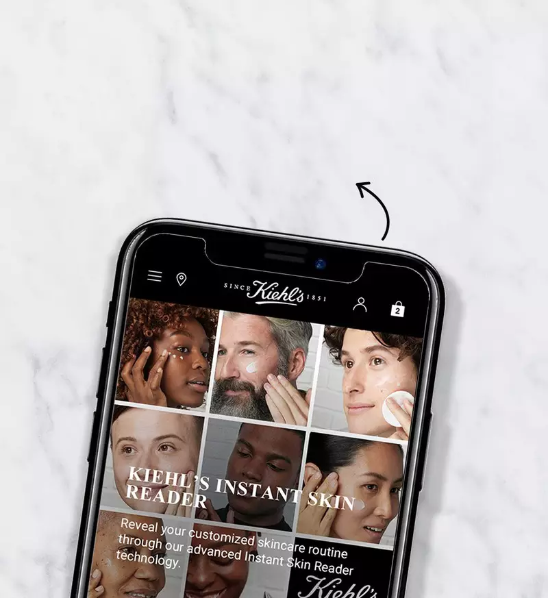 A smartphone displaying a QR code and a collage of diverse faces, with text inviting users to scan the code to explore skin care options.