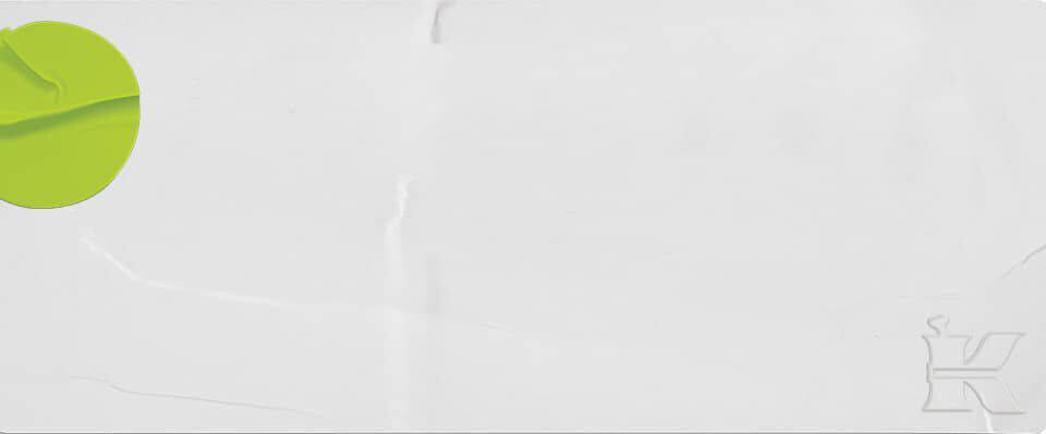 A simple design featuring a green circular shape on the left side against a white background, with subtle markings and a faint letter "K" in the lower right corner.