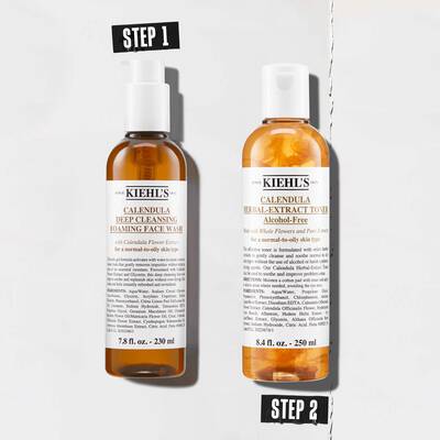 A group of Kiehl's skincare products included in bundle KIEB00006: Calendula facewash 230ML (Full Size), Calendula toner 250ML (Full Size).