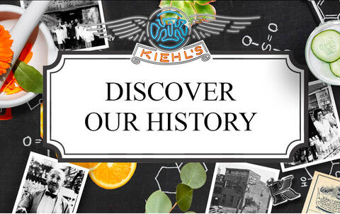 A collage featuring vintage black-and-white photos, botanical elements, and laboratory equipment, with the text "Discover Our History" prominently displayed in the center.
