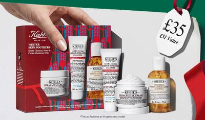 A Kiehl's "Winter Skin Soothers" holiday gift set featuring Ultra Facial Cream, Ultra Facial Barrier-Hydrating Cleanser, and Calendula Herbal-Extract Toner, accompanied by a price tag