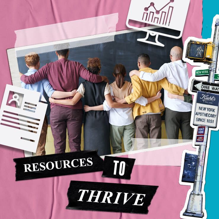 A diverse group of people stands together with their backs to the camera, embracing, against a chalkboard backdrop, emphasizing community support.