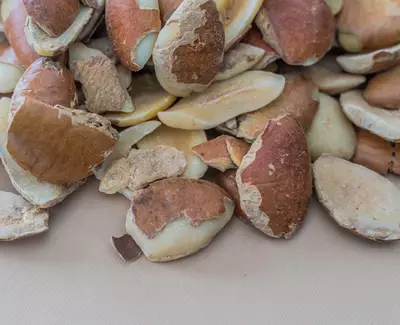 A close-up of various cracked and broken nut shells scattered on a flat surface.