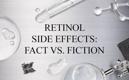 An arrangement of laboratory glassware and skincare ingredients on a silver background, with the text "RETINOL SIDE EFFECTS: FACT VS. FICTION" prominently displayed in the center.