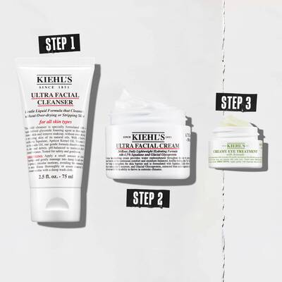 A group of Kiehl's skincare products included in bundle KIEB00005: Ultra Facial Cream 50ml (full size), Creamy Avocado Eye Treatment 14ml (full size), Ultra Facial Cleanser 75 ml (full size).