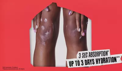 Close-up of a person's knees with moisturizer applied, showcasing smooth skin and text highlighting "3 sec absorption" and "up to 3 days hydration" against a bold red background.