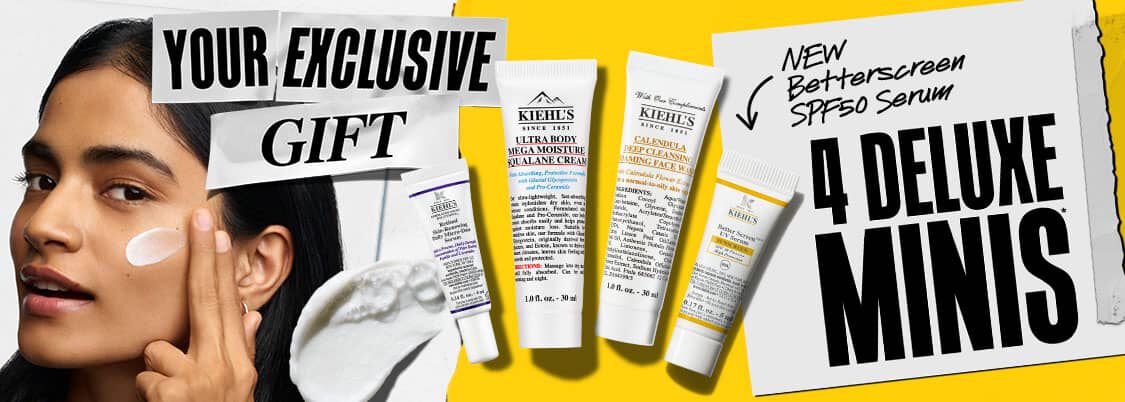 Light blue banner featuring Kiehl’s Ultra Facial Cream, Creamy Eye Treatment with Avocado, and Calendula Skin-Soothing & Stabilizing Emulsion. Includes a brand "K" logo and calendula flowers on a white torn-paper background.