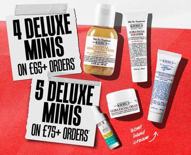 Red and white banner detailing two tiered gift offers: "4 DELUXE MINIS ON £65+ ORDERS" and "5 DELUXE MINIS ON £75+ ORDERS." The image features Kiehl’s miniature products including Ultra Facial Cleanser, Calendula Toner, and hand cream.