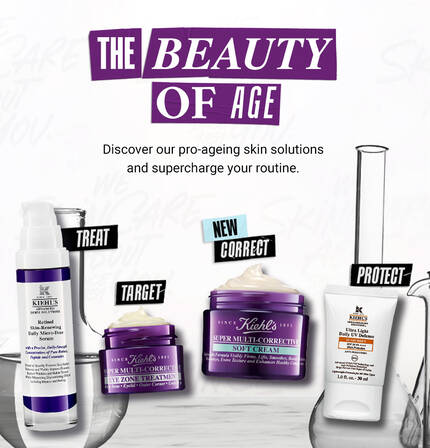 Alt text: A promotional banner featuring Kiehl's skincare products with text highlighting "Treat," "Target," "Correct," and "Protect." The products include a serum and a purple cream, emphasizing anti-aging benefits and skincare solutions.