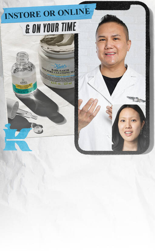 A promotional graphic featuring two professionals, one wearing a lab coat and the other in a casual top, alongside skincare products. Text highlights "Instore or Online" and "On Your Time."