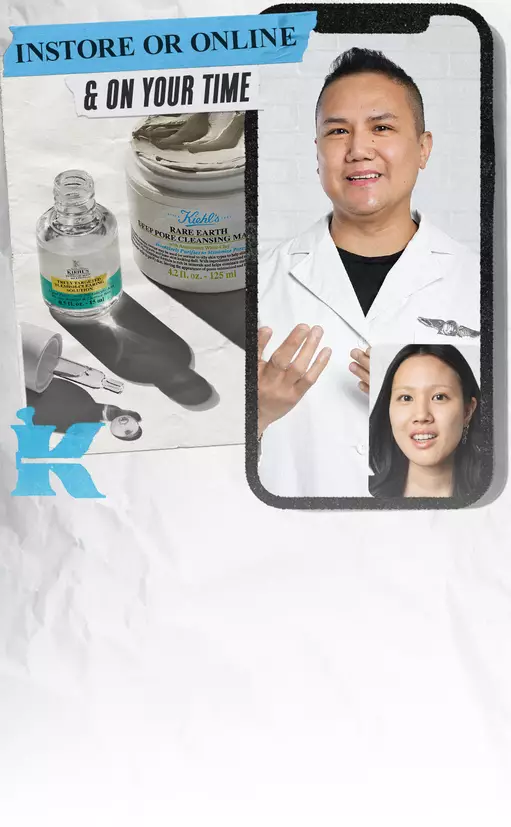 A promotional graphic featuring two professionals, one wearing a lab coat and the other in a casual top, alongside skincare products. Text highlights "Instore or Online" and "On Your Time."
