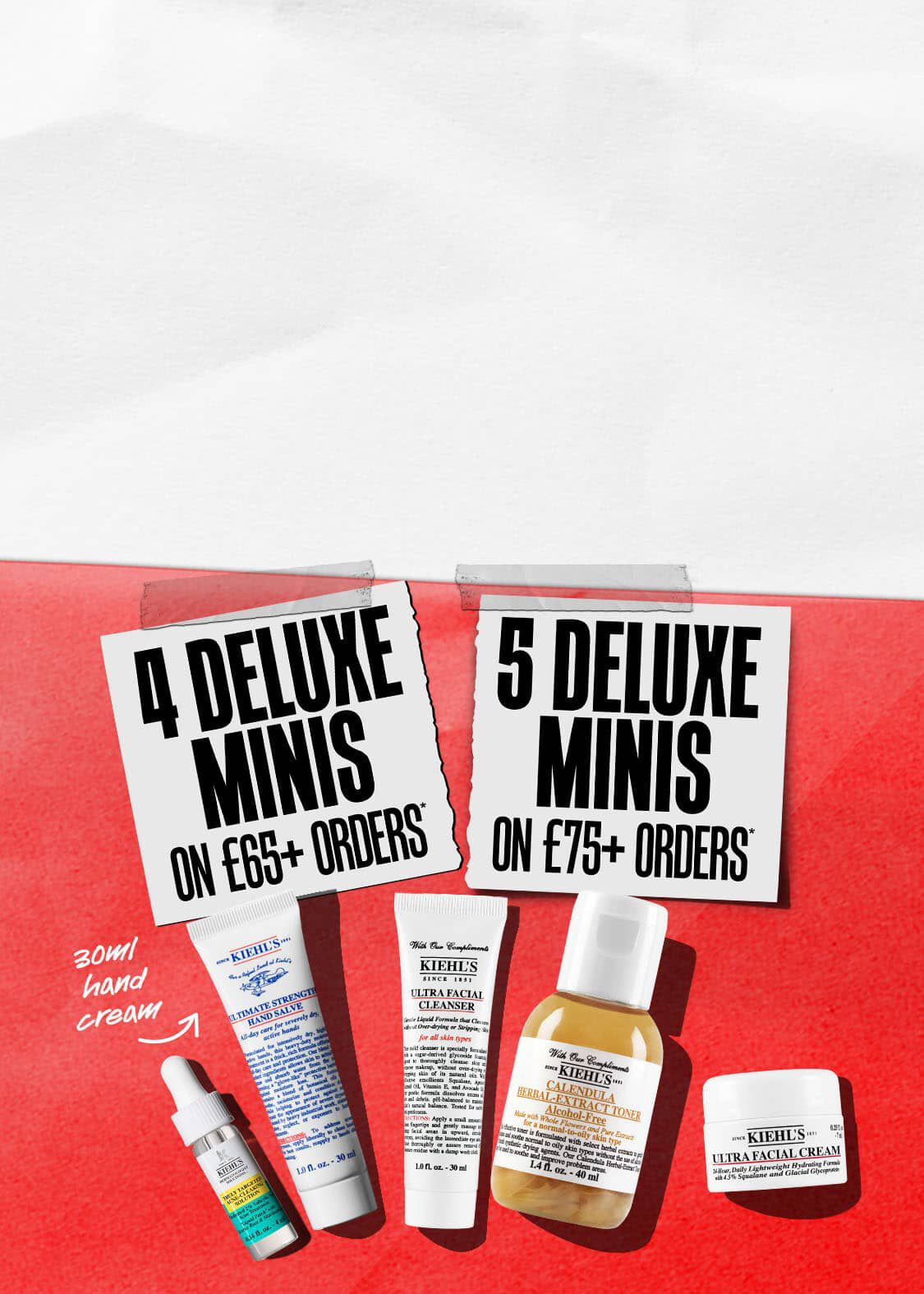 Red and white banner detailing two tiered gift offers: "4 DELUXE MINIS ON £65+ ORDERS" and "5 DELUXE MINIS ON £75+ ORDERS." The image features Kiehl’s miniature products including Ultra Facial Cleanser, Calendula Toner, and hand cream.