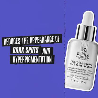 A Kiehl's serum bottle with a dropper on a blue background. Text reads, "Reduces the appearance of dark spots and hyperpigmentation."