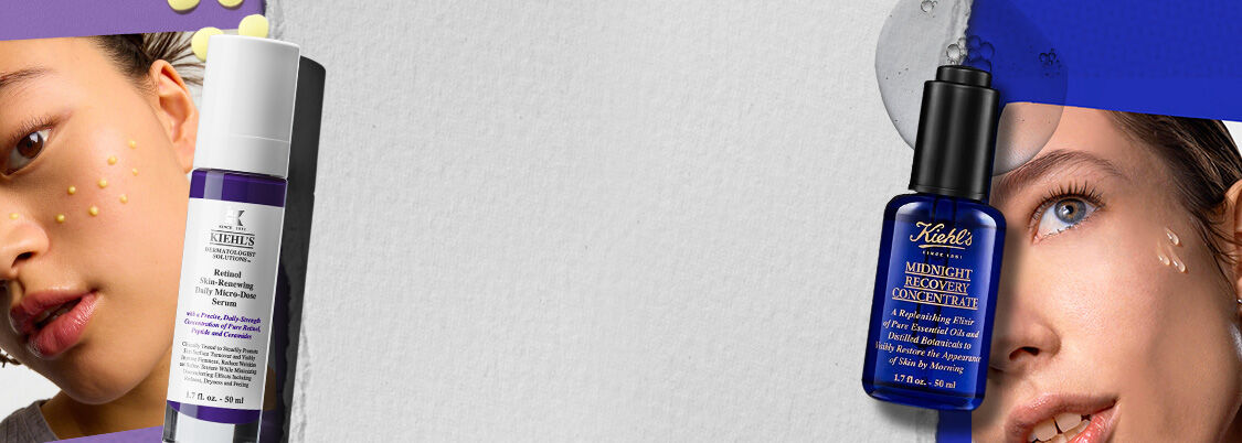 A bottle of Kiehl's Retinol Skin-Renewing Daily Micro-Dose Serum next to Midnight Recovery Concentrate on a textured background.