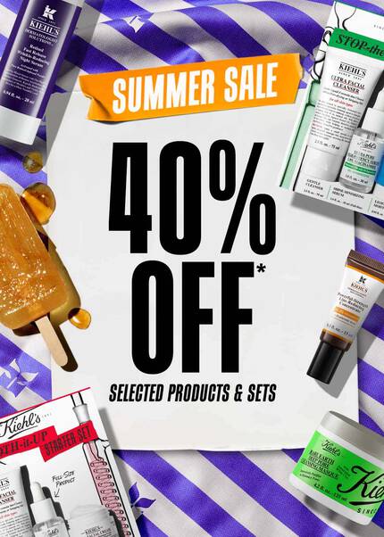 Promotional image featuring a Kiehl's sale products with promotional 40% off messaging, a summer theme and blue and white striped background.