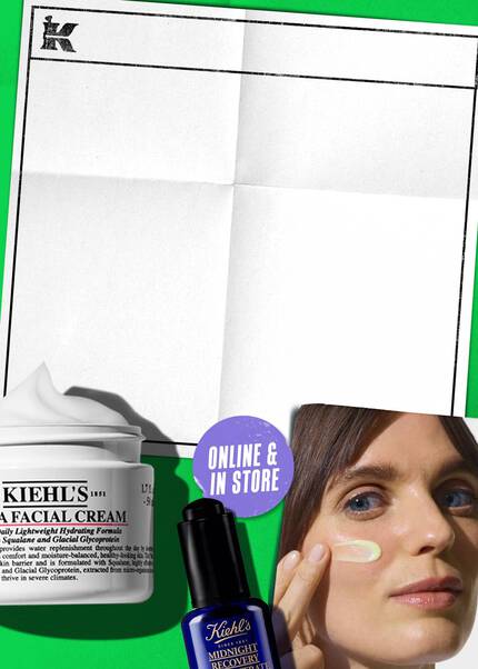 Green banner featuring Kiehl's products: Ultra Facial Cream, Creamy Eye Treatment with Avocado, and Midnight Recovery Concentrate. A blank white frame sits in the center, and a person is shown applying cream to their face on the right.
