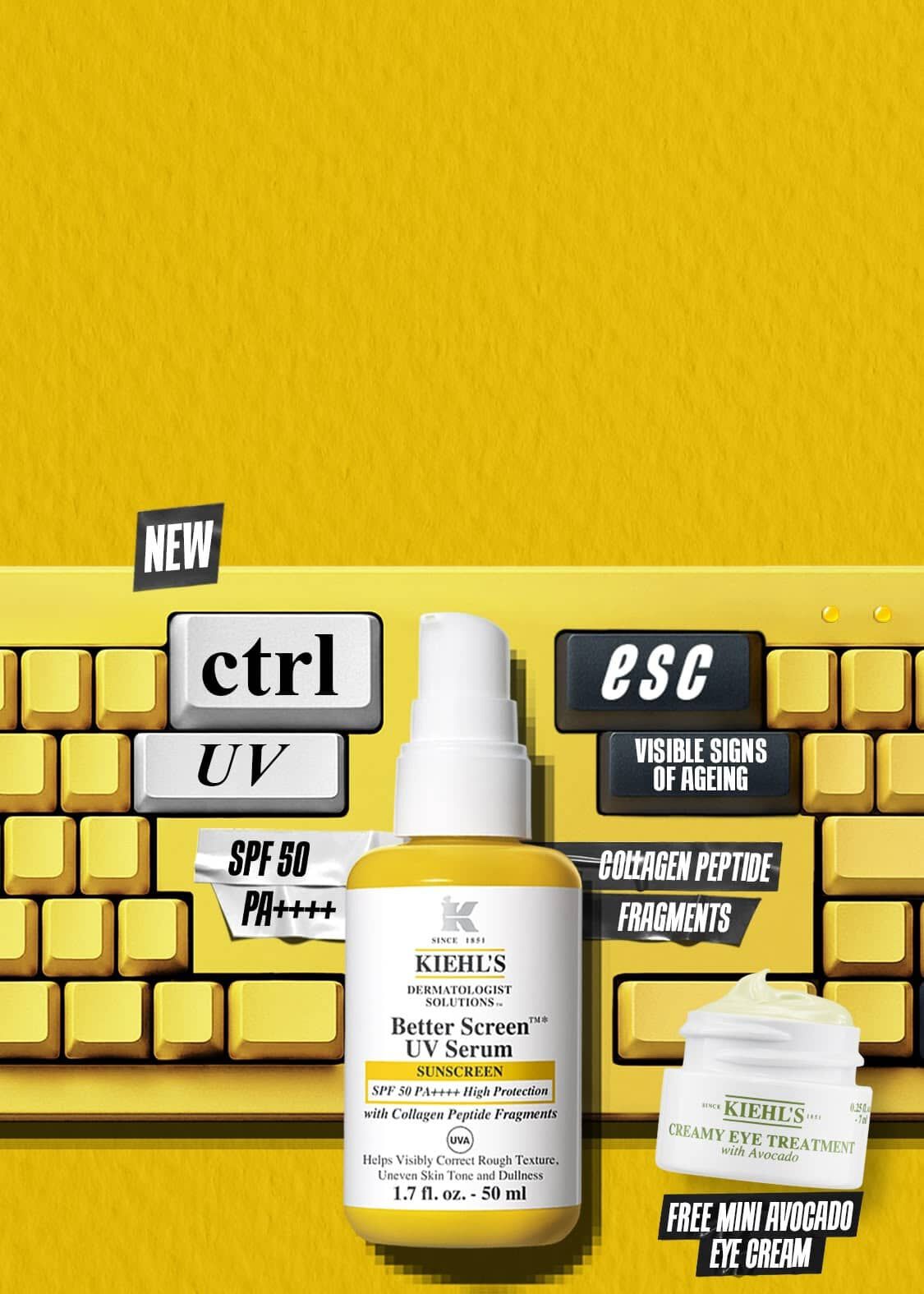 Yellow banner showcasing Kiehl’s Better Screen UV Serum and a free mini Avocado Eye Cream. Tech-themed background features a yellow keyboard with labels for SPF 50, visible signs of ageing, and collagen peptide fragments.