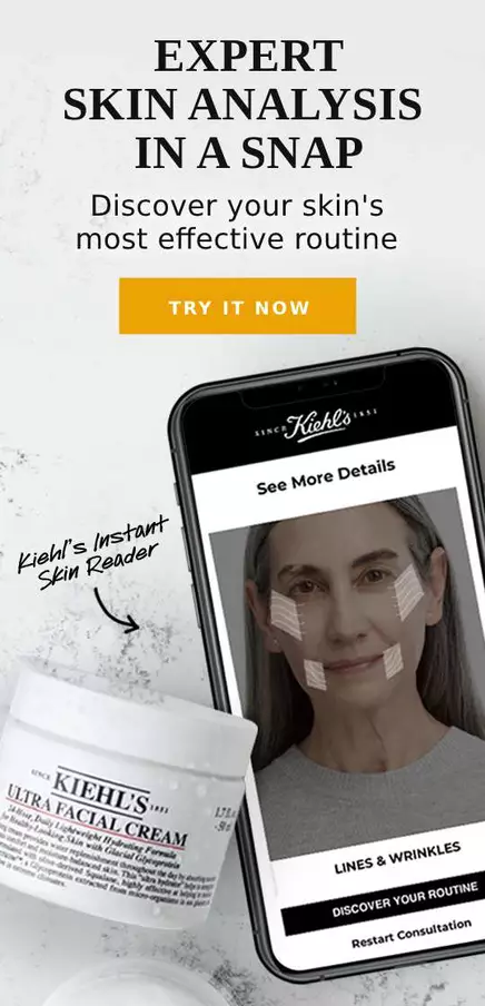 A promotional image featuring a smartphone displaying a skincare analysis app alongside a jar of Kiehl's Ultra Facial Cream. The phone indicates a consultation on skincare routines, highlighting the user's skin concerns related to lines and wrinkles.