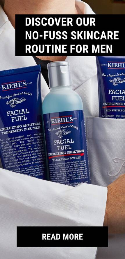 A person in a lab coat holds three Kiehl's skincare products designed for men, including a face wash and moisturizer. The text promotes a no-fuss skincare routine.