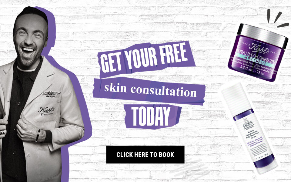 A promotional banner for a free virtual skin consultation featuring bold text and an image of skincare products.