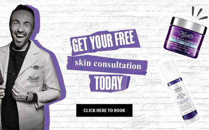 A promotional banner for a free virtual skin consultation featuring bold text and an image of skincare products.