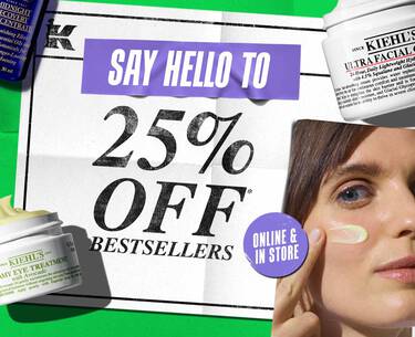 PAY DAY 20% OFF in bold black text on a white square background, surrounded by various Kiehl’s skincare products like Calendula Toner and Ultra Facial Cream.