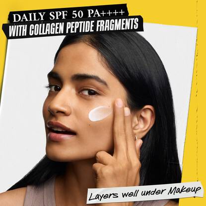 A young woman applies a generous layer of Kiehl’s Better Screen™ UV Serum Sunscreen to her face. Text on image reads: DAILY SPF 50 PA++++/ WITH COLLAGEN PEPTIDE FRAGMENTS/ LAYERS WELL UNDER MAKEUP.